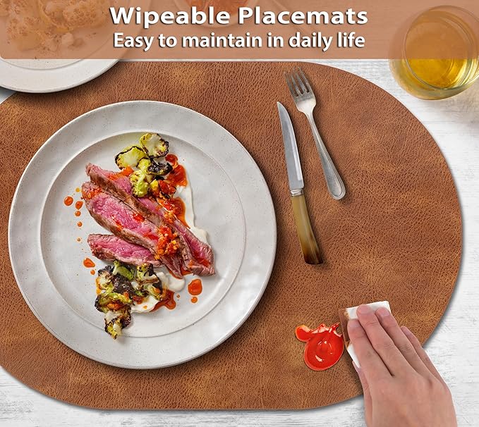 ADRIMER Placemats, Heat Resistant Oval Placemats Set of 12 Washable 12 x 17 Inch, Waterproof Table Mats, Wipeable Pu Place Mats for Kitchen, Dining Room, Turmeric Brown