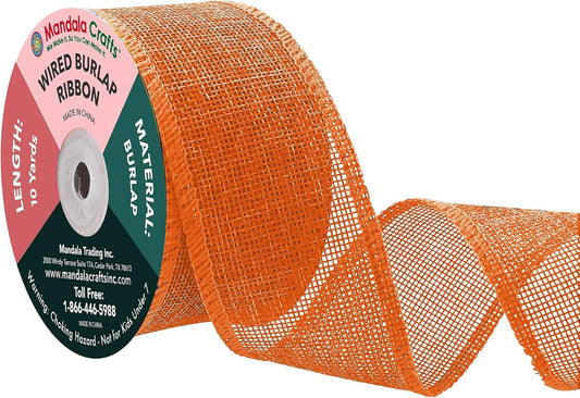 Mandala Crafts Orange Burlap Wired Ribbon 2 Inches Wide Jute Ribbons for Crafts - 10 Yds Roll Rustic Burlap Wrap Trim Ribbons for Wreaths Bows Party Decoration