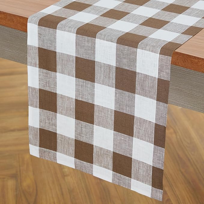 Solino Home Linen Table Runner 48 Inches - 100% Pure Linen Coco Brown and White Buffalo Check Short Table Runner 14 x 48 Inch Ideal for Dresser and Coffee Tables