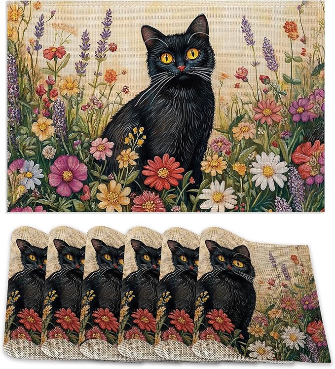Black Cat Placemats Set of 6,Color Flower Waterproof Non-Slip Washable Table Mats for Kitchen Dining Holiday Party Wedding Decor 12x18 Inch