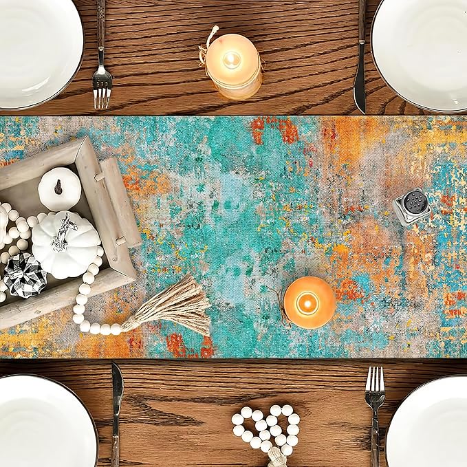 OYIMUA Modern Abstract Teal Yellow Colorful Table Runner 13 x 36 Inches Summer Runners for Tables Rustic Spring Fall Decorations for Home Indoor Outdoor Table Decor