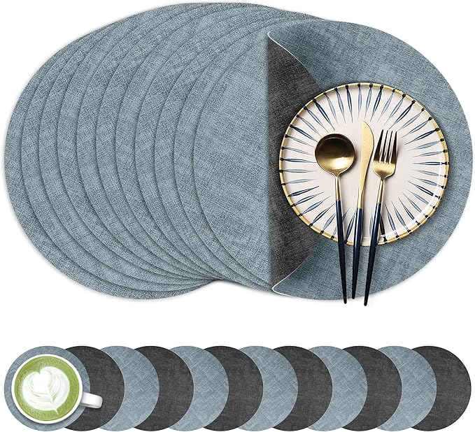 13-Inch Faux Leather Round Placemats Set of 12, Waterproof Anti-Slip Dual Sided Place mats, Heat Resistant Washable Table Mats with Coaster, Suitable for Indoor & Outdoor (12, Black Light Blue)