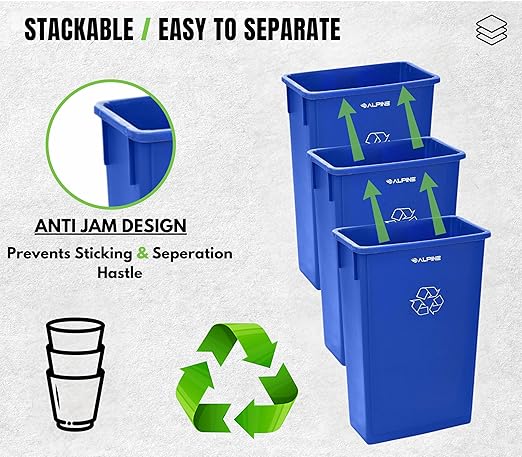 Alpine Commercial Slim Trash Can 23 Gallon - Set of 3 Tall Blue Recycle Bin – Space-Saving, Leakproof Plastic Waste Receptacles for Office, Janitorial & Public Use
