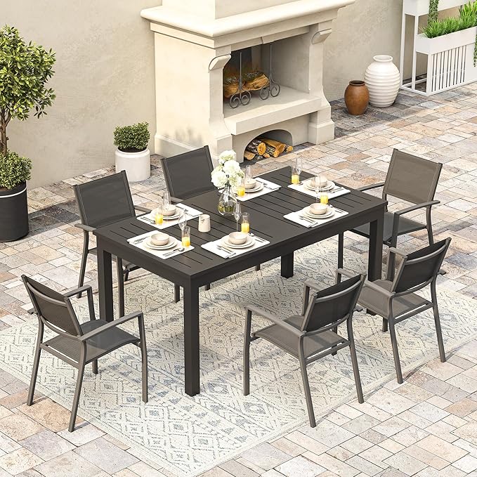 Expandable Aluminum Outdoor Dining Table, 3-Adjustable Lengths Patio Dining Table for 6-10 Person, 91.7" L x 33.5" W Metal Patio Table with Umbrella Hole Adjustable Feet for Garden Porch Deck, Grey