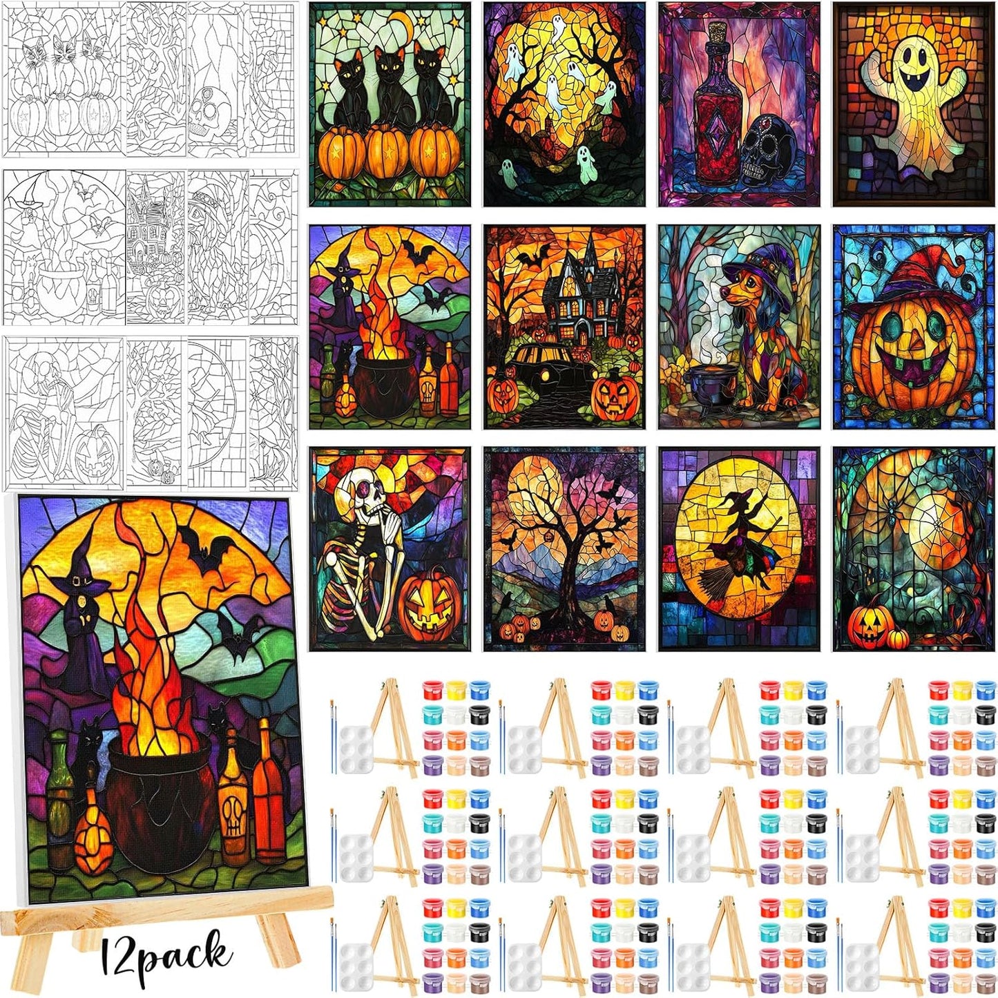 Zhanmai 12 Pack Pre Drawn Canvas for Painting Sip and Paint Kit 8" x 10" Paint Party Set Canvas Painting Pre Printed Canvases for Party Favor DIY Virtual Adult's Date Night (Vivid Ghost)