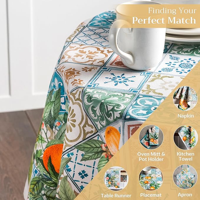 Maison d' Hermine Table Cloth Round Table 100% Cotton 69 Inches Tablecloth Reusable Decorative Everyday Use for Dining Room, Farmhouse, Home, Party, Festive & Wedding Spring Summer - Agrume