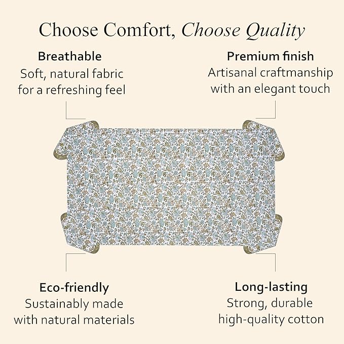 CPC Tablecloth 100% Cotton 60x90 Inch Indian Block Print Rectangle Table Cover, Washable Table Cloth for Weddings, Spring/Summer, Barbeque - Harvest Bloom