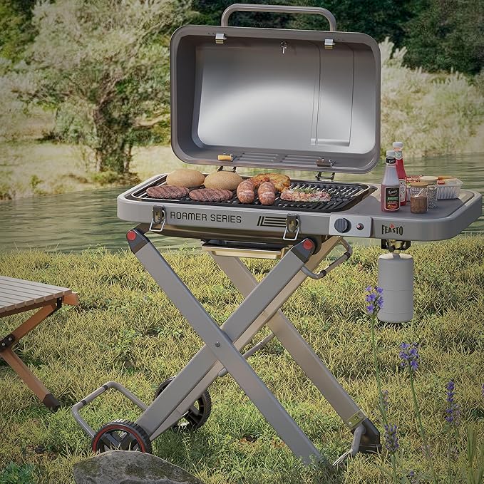 Portable Propane Gas Grill with Folding Cart & 13000 BTUs Burner, 360 Sq. In. Cast Iron Cooking Grates, Side Table, 8" Wheels, Stainless Grease Tray for Outdoor BBQ, Camping & Tailgating, Grey