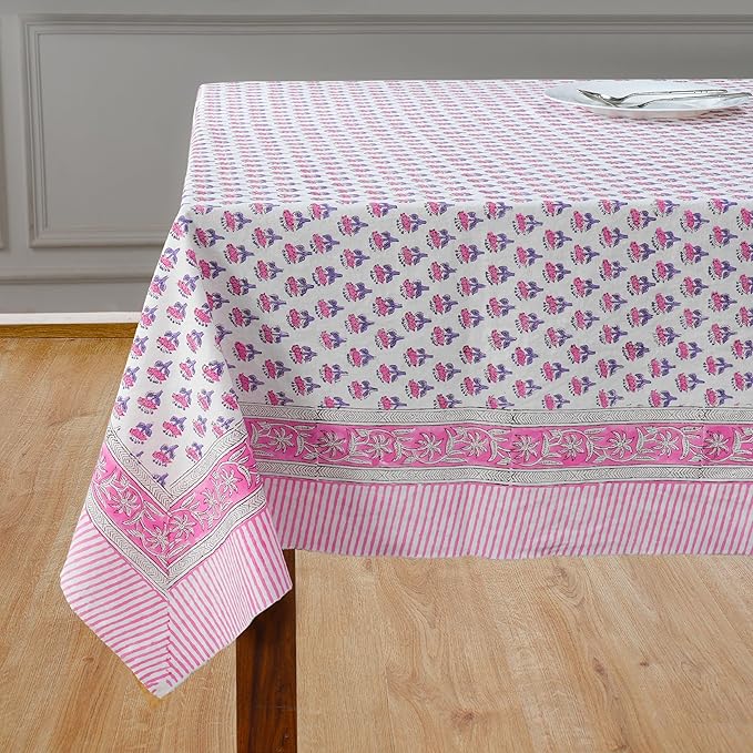 CPC Tablecloth 100% Cotton 72x190 Inch Indian Block Print Rectangle Table Cover, Pink Table Cloth for Weddings, Spring/Summer, Barbeque - Pink Sapphire