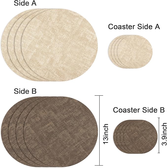 13-Inch Faux Leather Round Placemats Set of 4, Waterproof Anti-Slip Dual Sided Place mats, Heat Resistant Washable Table Mats with Coaster, Suitable for Indoor & Outdoor(4, Beige Dark Coffee)