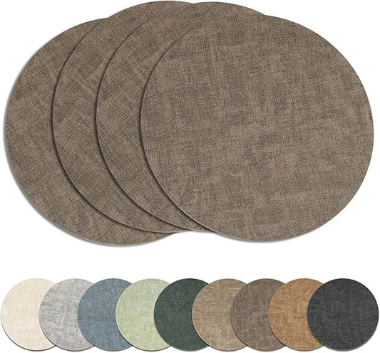 13" Round Placemats Set of 4, Reversible Faux Leather Heat Resistant Table Mats, Waterproof Oilproof Wipeable Table Protective Placemats for Vinyl, Washable for Indoor & Outdoor Use (4, Dark Coffee)