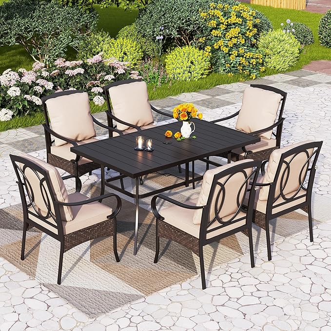PHI VILLA Outdoor Dining Set for 6, All-Weather Patio Table and Chairs Set for 6, Heavy Duty Rectangle Patio Metal Table Set for Deck, 6 Extra Large Outdoor Swivel Chairs with Thick Cushions