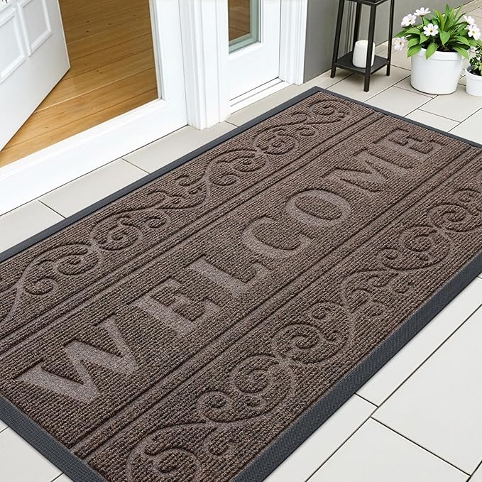 OLANLY Welcome Door Mat Indoor Outdoor Entrance, Heavy Duty Sturdy Front Door Mat, Waterproof All-Weather Doormat, Stain Resistant, Low Profile, Easy Clean Patio Entryway Mat, 47 x 24, Medium Brown