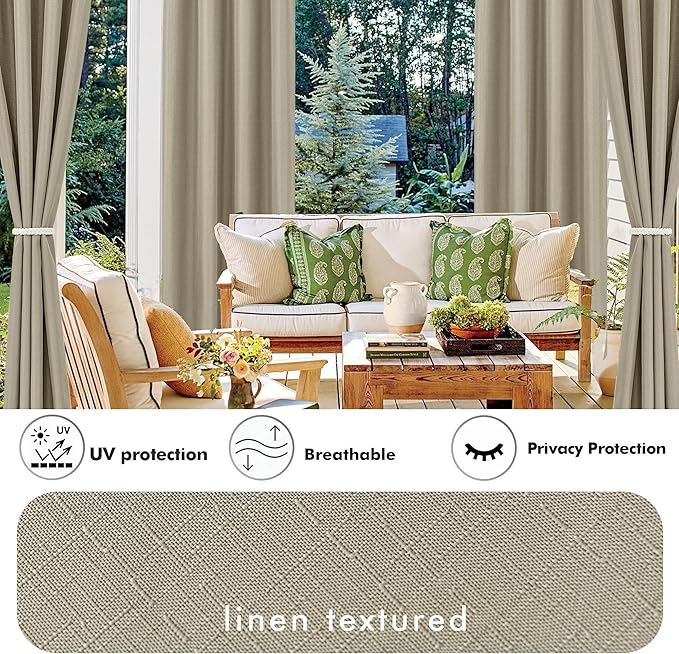 HolidayIdeas 4 Panels Linen Outdoor Curtains for Patio Waterproof Taupe Outside Curtains 110"x84"-Gazebo Wide Curtains Weighted Privacy for Pergola, Porch, Cabana, Living Room, Backyard, Pavilion