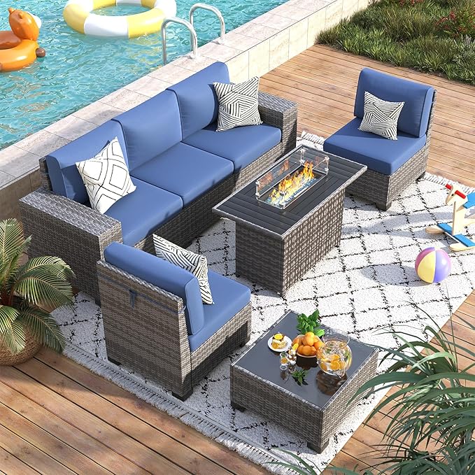 7 Piece Patio Furniture Set with Fire Pit Table, Outdoor Conversation Sets Wicker Rattan Sectional Sofa with Coffee Table, 4'' Thickened Cushion Navy Blue (Include Waterproof Cover)