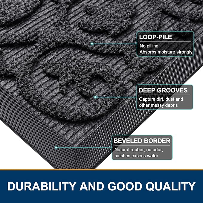 Smiry Welcome Door Mat Outside Entrance, Heavy Duty Trap Dirt and Moisture Easy Clean Low Profile Patio Porch Indoor Outdoor Front Doormat for Entry, 36x24 Inch, Grey