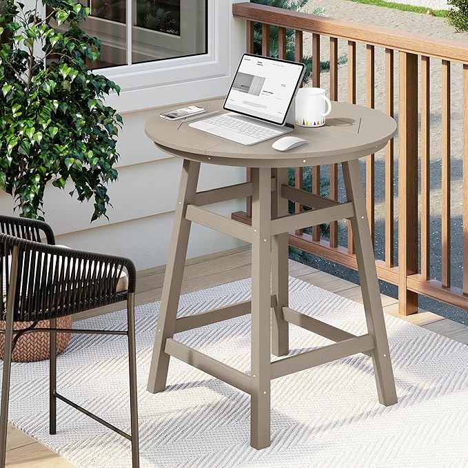 Costaelm Patio Bistro Table, 37" Counter Height Round Patio Cocktail Bar Table with Umbrella Hole, Outdoor Bistro Dining Pub Table for Front Porch Deck Backyard Garden, Weathered Wood