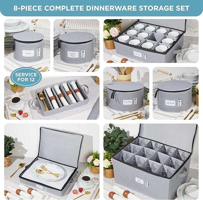 China Storage Hard Shell Containers 8-Piece Set Moving Boxes for Dinnerware, Glasses, Plates, Mugs and Saucers Sturdy Dish Organizer with Dividers for Seasonal Storage - Service for 12 - Gray