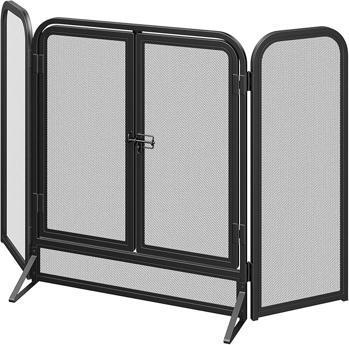 Mr IRONSTONE 3 Panel Fireplace Screen 51.5" W x 32.5" H Modern Foldable with Wrought Metal Decorative Mesh, Heavy Duty Fire Spark Guard Cover for Home Decor Indoor, Black