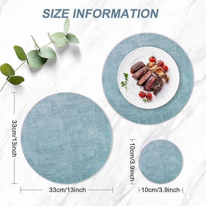 Round Faux Leather Placemats and Coasters, Set of 8, Reversible Heat Resistant Non-Slip Table Mats, Waterproof Wipeable Place Mats for Dining Table, Washable for Indoor & Outdoor (8, Blue)