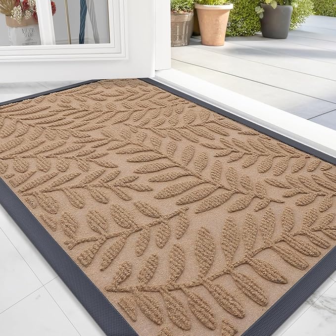 OLANLY Door Mat Indoor Outdoor Entrance, 29.5x17, Waterproof All-Weather All-Season Doormat, Sturdy Natural Rubber, Stain and Fade Resistant, Low Profile, Easy Clean Patio Entryway Mat, Light Brown