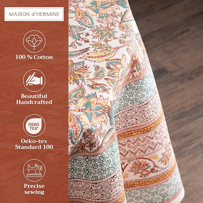 Maison d' Hermine Table Cloth Round Table 100% Cotton 63 Inches Fall Tablecloth Reusable Everyday Use for Thanksgiving Christmas Decorations Dining Farmhouse Party (Nila)