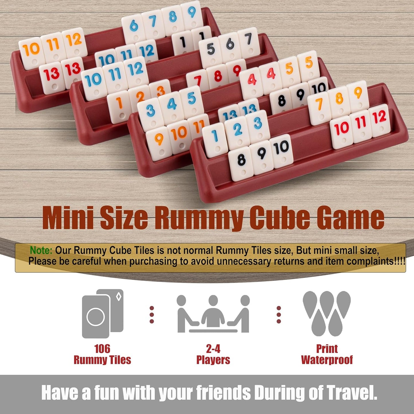 Smilejoy Mini Rummy Cube 4 Players Edition,Travel Rummy Game Set with Portable Canvas Bag,Classic Board Game for Adults and Kids |106 Tiles | 4 Playing Racks |1 Dice | (2-4 Player) ﻿