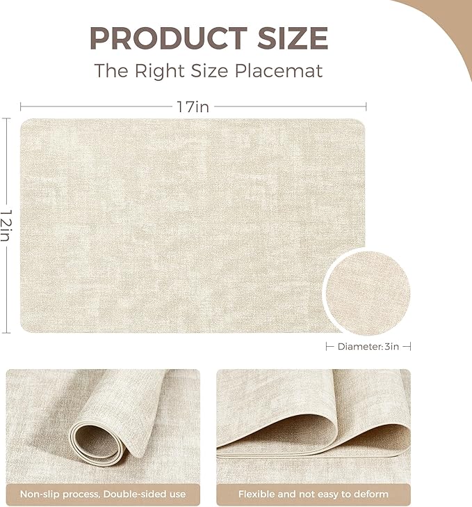 Vinyl Placemats Set of 12, Faux Leather Waterproof and Heat Resistant Place Mats, Washable Anti-Slip Table Mats with Coaster, Wipeable Placemats for Indoor & Outdoor 17" x 12" (Beige, Set of 12)
