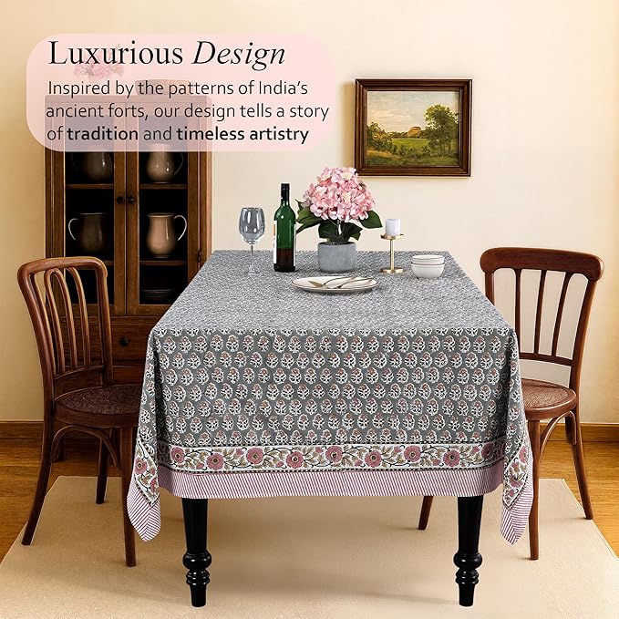 CPC Tablecloth 100% Cotton 70x108 Inch Indian Block Print Rectangle Table Cover, Gray Table Cloth for Weddings, Spring/Summer, Barbeque - Labra Gray