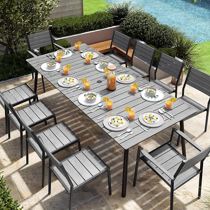 95" Patio Outdoor Dining Table for 8-10, Weather-Resistant Aluminum Frame with Wood-Grain Top & Umbrella Hole for Deck Gatherings, Grey