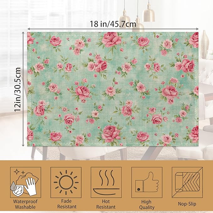6 Pcs Placemats,Pink Flower Placemat,Vintage Floral Table Mats Washable Recyclable Table Placemats for Indoor Outdoor Heat Resistant Kitchen Dining 12"x18"