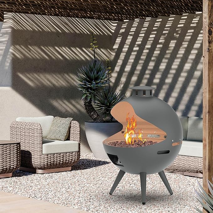 24-Inch Chimenea Outdoor Gas Fireplace, 55,000 BTU Propane Fire Pit with Lava Rocks and Rain Cover, Hemispherical 3-Legged Firepit, Gray