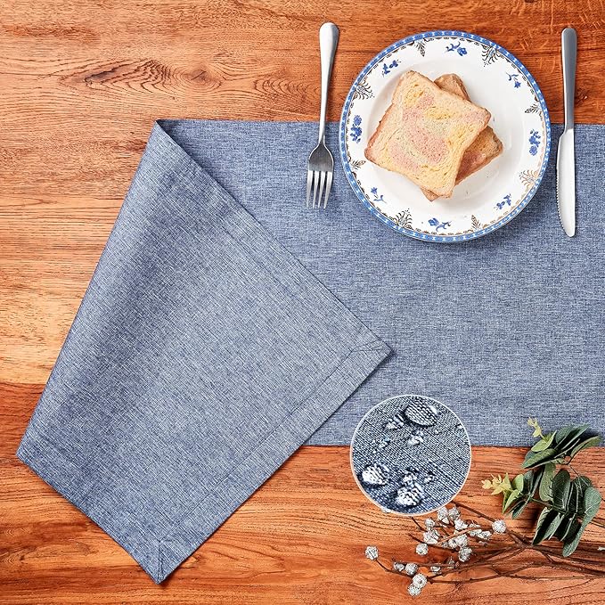 Mebakuk Linen Farmhouse Table Runner Large Burlap Style Soft and Waterproof Decorative Fabric Runner for Outdoor Wedding and Dinner (14 x 108 Inch, Denim Blue)