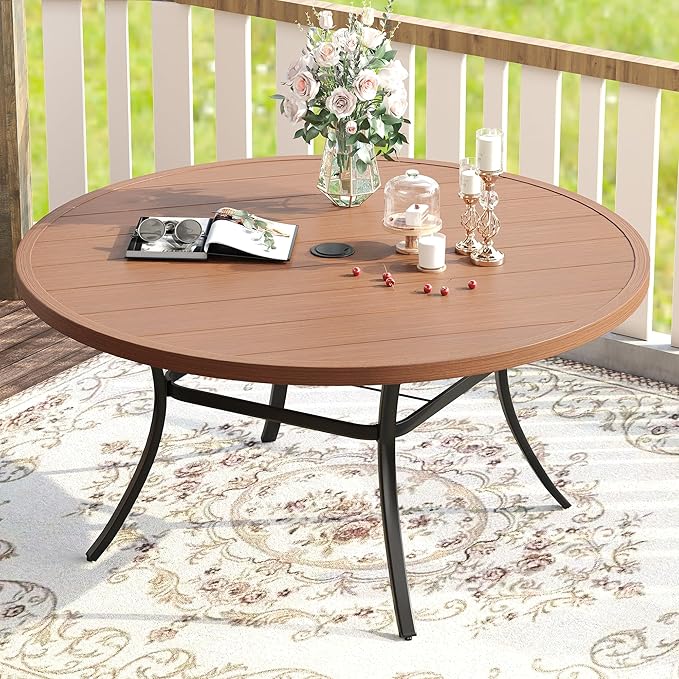 VICLLAX 53" Outdoor Round Patio Table for Lawn Garden, All Weather Metal Round Patio Dining Table with Adjustable Umbrella Hole, Patio Table for 8 Person, Walnut Tabletop