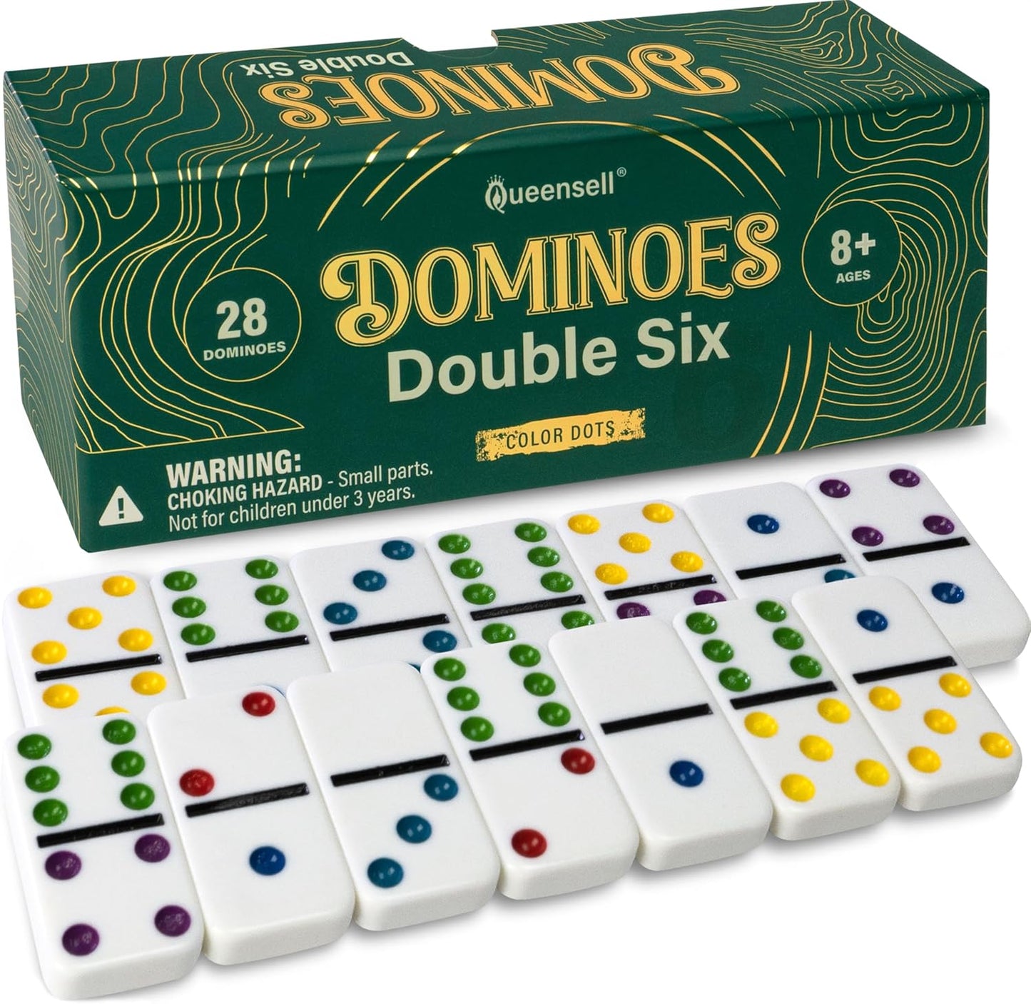 Queensell Dominos Set for Adults with Colored Dots - Double 6 Dominoes Set is a Classic Board Games for Kids and Adults - Double Six Standard Dominos Set 28 Tiles