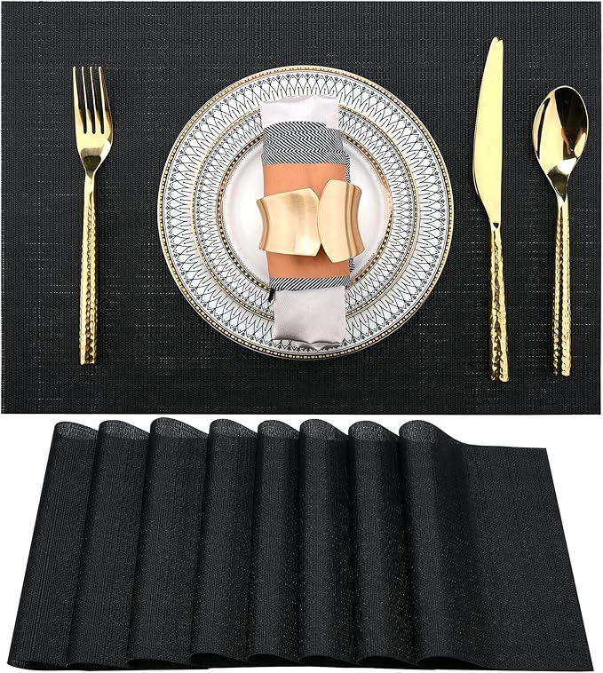 SLKQG Black Placemats Set of 8 - Easy Clean Washable Vinyl Placemats - Heat Resistant Placemats for Kitchen Table - PVC Table Mats for Dining Table (Pure Black, 8)