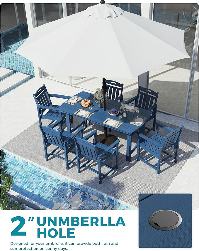 Ciokea HDPE Outdoor Dining Table with Umbrella Hole,66" Rectangle Patio Table for 6,All-Weather Outdoor Patio Furniture Set for Garden Backyard,Navy Blue