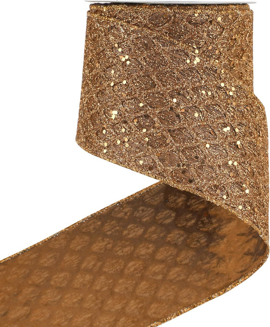 HUIHUANG Copper Wired Ribbon 4 inch Glitter Christmas Wired Ribbon Diamond Mesh Wire Ribbon for X-mas Tree Decorations, Wreaths, Garland, Large Bows Making, Thanksgiving Fall Decor -10 Yards