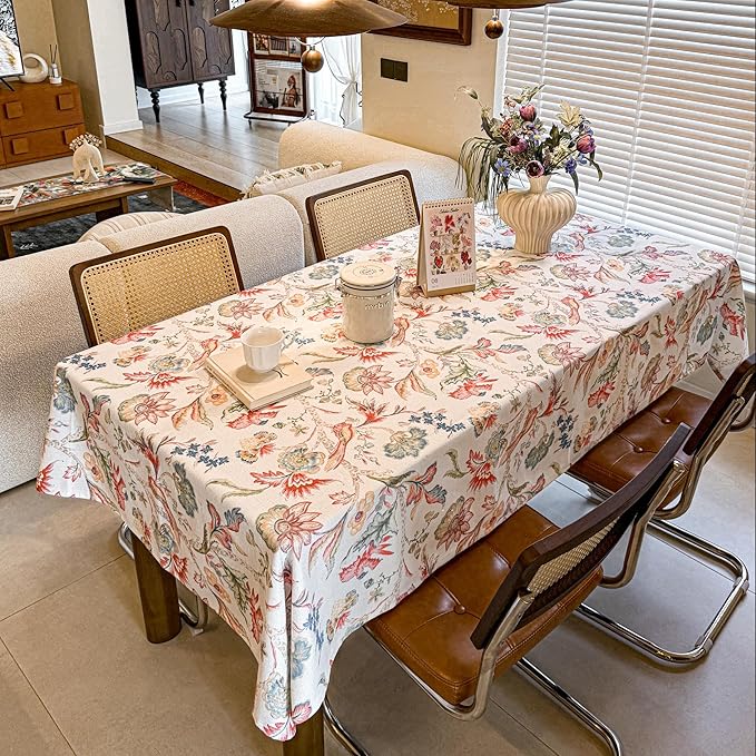 Rectangle Tablecloth, Linen Textured Wrinkle Free Waterproof Table Cloth, Flowers and Birds Fabric Table Cover for Outdoor, Farmhouse, Dining, Kitchen - Spring/Summer, 60 x 120 Inch