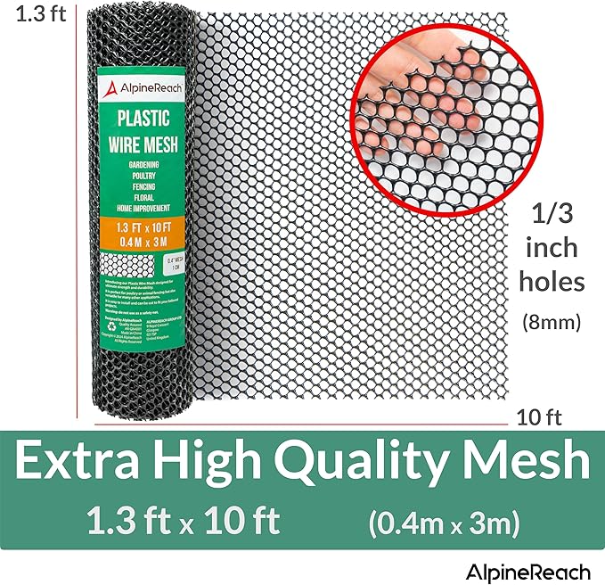 AlpineReach Plastic Wire Mesh 1.3ft x 10ft (15.7" x 120") Fence Roll with Zip Ties - Ideal for Poultry, Dogs, Rabbit Barrier & Gardening, Durable Chicken Mesh, Versatile Rigid Fencing & Netting, Black