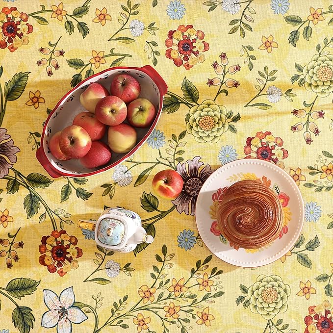 Vintage Linen Small Tablecloth for Rectangle Table,Yellow Floral French Wrinkle Free Tablecloths,Decorative Table Cover for Kitchen,Dining,Thanksgiving,Farmhouse,55" × 71"-Bellano