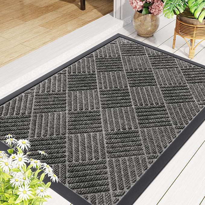 Smiry Front Door Mat Outside Entrance, Heavy Duty Outdoor Indoor Natural Rubber Doormat, Non Slip, Trap Dirt and Moisture, Easy Clean, Low Profile Patio Porch Entryway Mat, 29.5x17, Mix Black
