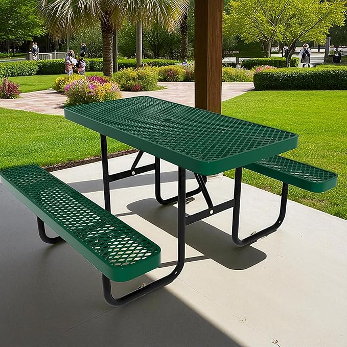 4FT Picnic Tables for Outdoors, Rectangular Commercial Metal Picnic Table Bench Set with Umbrella Hole,Heavy Duty Steel Weather-Resistant Dining Table for Patio Dining Garden Backyard BBQ School
