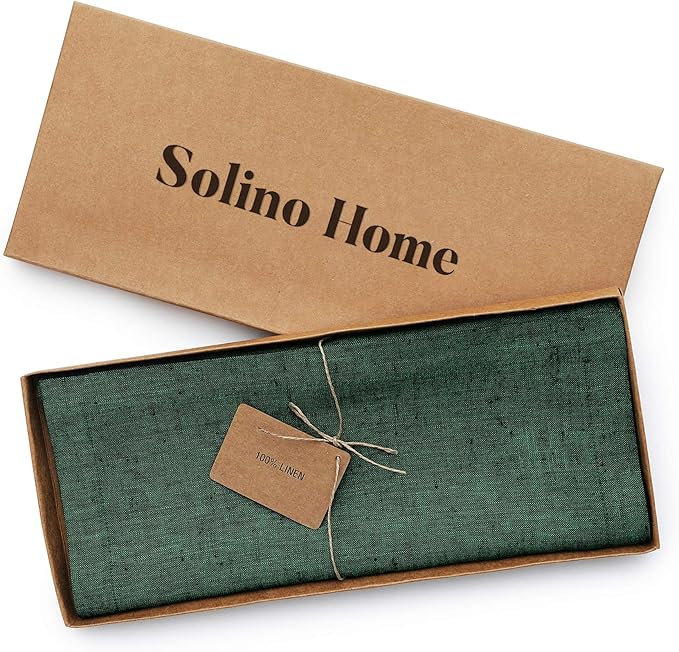 Solino Home Linen Table Runner 90 Inches Long - Athena, 100% Pure Linen Forest Green Table Runner 14 x 90 Inch for Dining, Winter, Easter, St Patricks Day