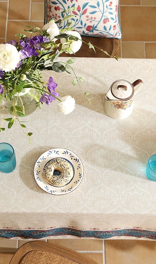 Vintage Beige Linen Long Rectangle Tablecloth,Paisley Farmhouse Feather Floral Pattern Table Cloth,Decor Table Cover for Kitchen,Dining,Thanksgiving,Christmas,63"*94"-Dorodango F