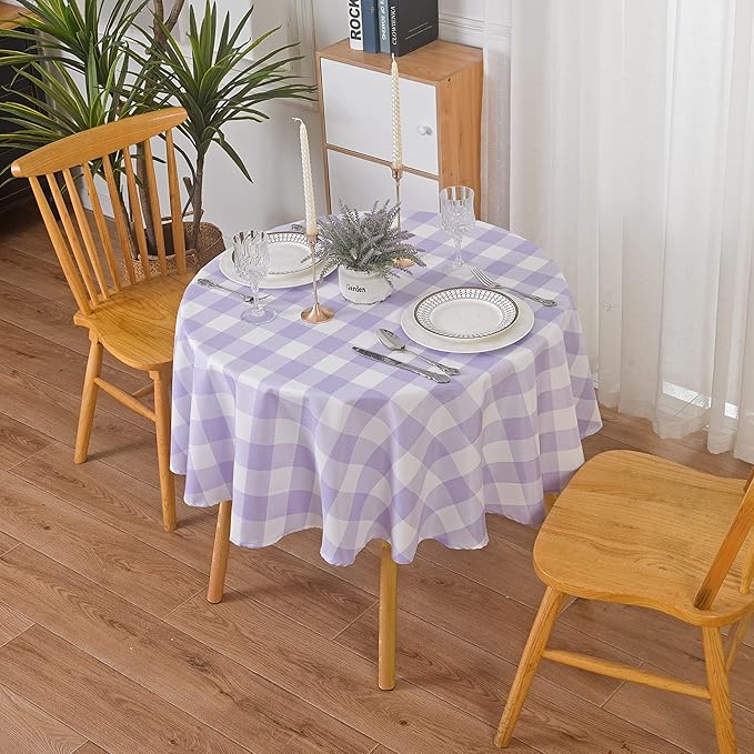 Cupuamon 2 Pack Waterproof Polyester Fabic Round Checkered Tablecloth，60 Outdoor Table Cloth，Oil Stain Prevention Table Cloth for Pinics and Parties（Lavender and White）