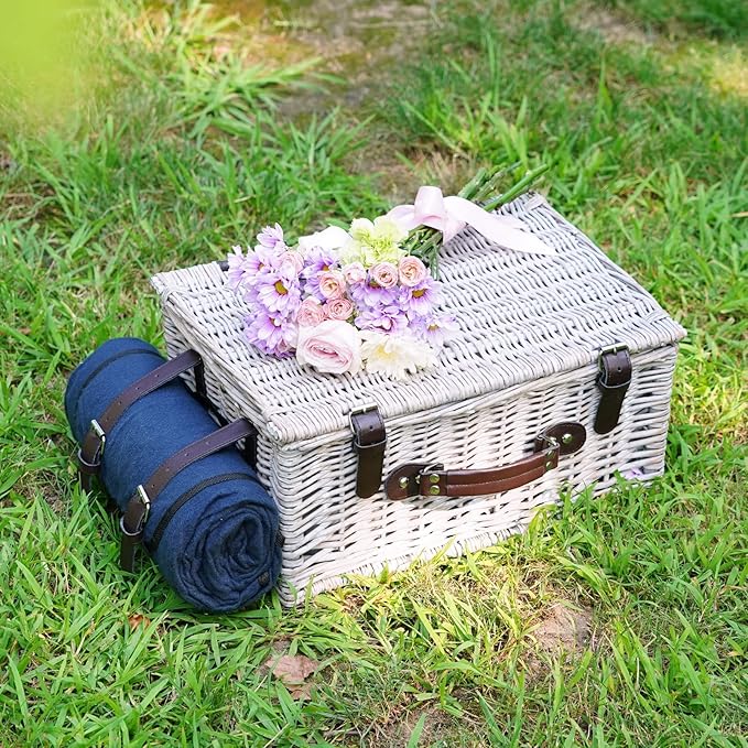 Picnic Basket Sets for 4 Persons with Insulation Layer,Waterproof Picnic Blanket, Tableware for Family,Party,Outdoor Living,Camping