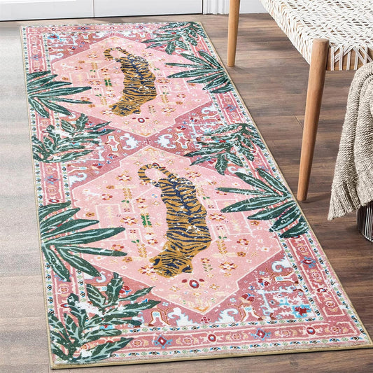 Oriental Tropical Kitchen Runner Rug 2x5 Washable, Thin Stain Resistant Pink Boho Bathroom Runner Rug for Hallway Entryway Bedroom Laundry, Vintage Abstract Hippie Botanical Long Carpet
