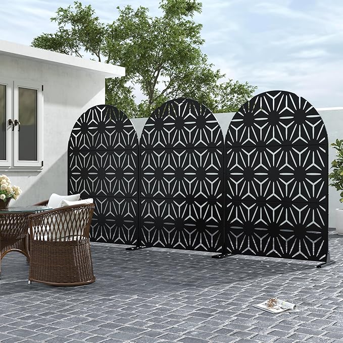 Casaphoria 72" H x 47" W Arched Metal Privacy Screen - Elegant Freestanding Outdoor Screen for Deck, Patio & Balcony - Versatile Decorative Privacy Panels for Home & Garden Use (Black-Star)