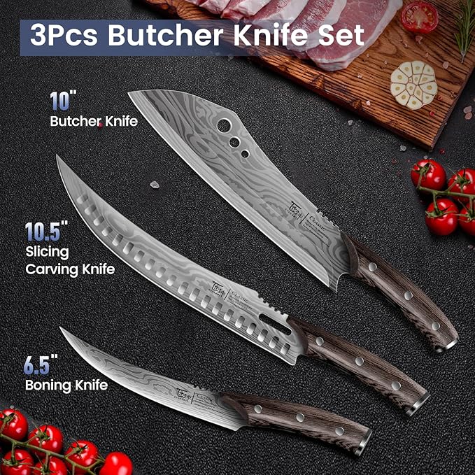Butcher Knife Set, 3 PCS Kitchen Knives Set for Cutting, Meat Cleaver Chef Knife Set, Japanese Style High Carbon Steel Knives Set, Chopping & Slicing & Boning for Home and BBQ, Christmas gift